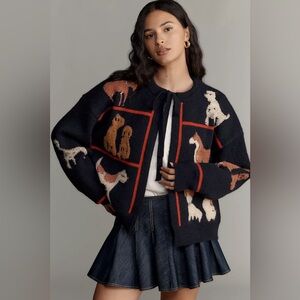 Anthropologie Maeve Dogs Tie-Front Cardigan Sweater